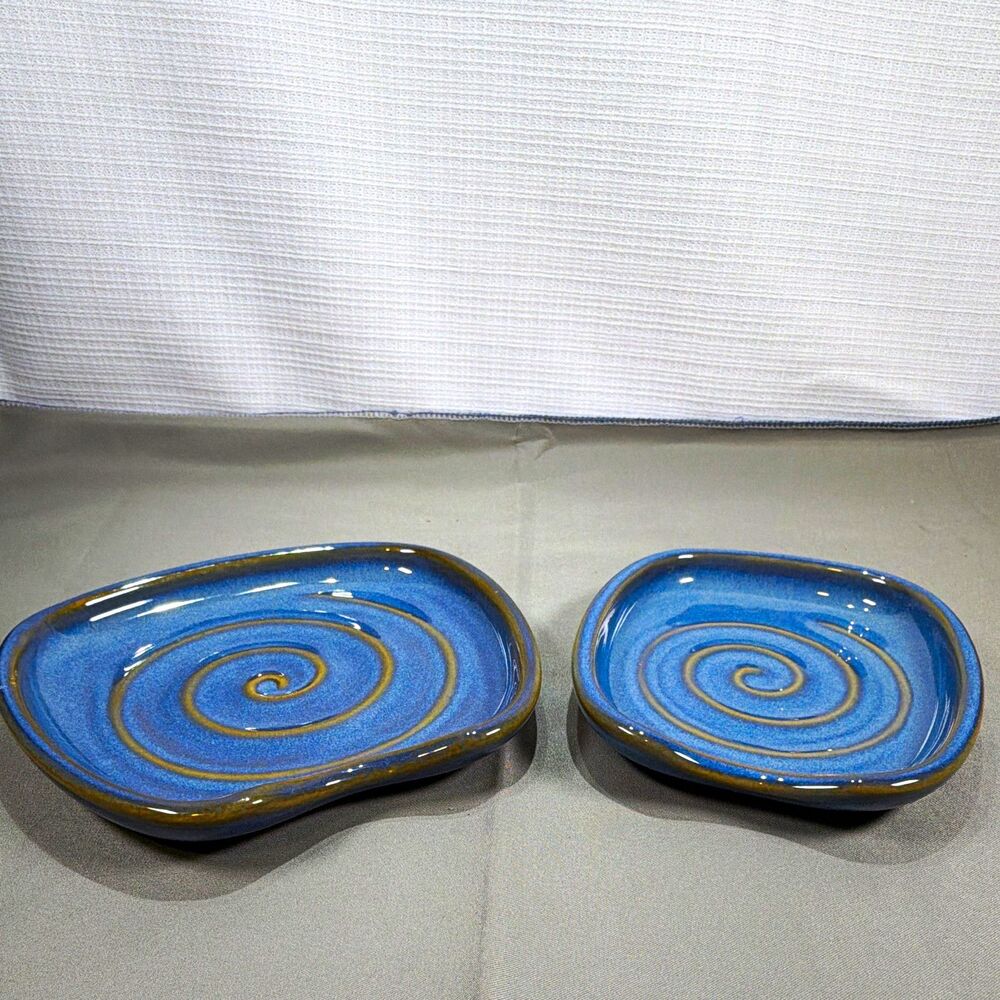 PIC China 24D Blue Swirl Abstract Plates Blue White Gold Set of 2